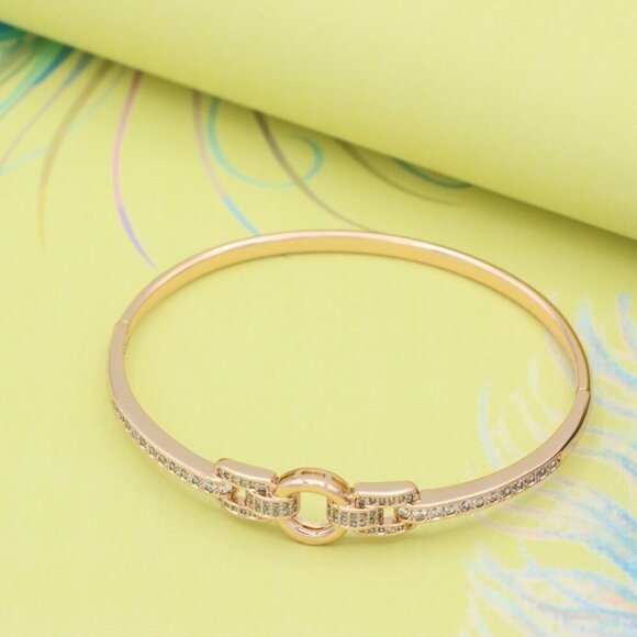 Elegant Rose Gold Bangle with Dual Loop Link and CZ Accents, XPBL0514 - Picture 2 of 12